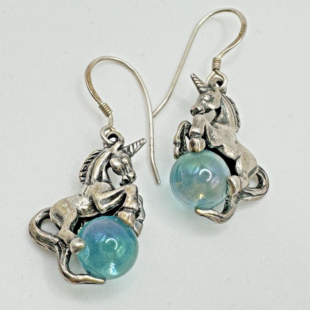 Sterling Silver Unicorn Earrings On Aura Aura Quartz Crystal Ball Dangle Pierced